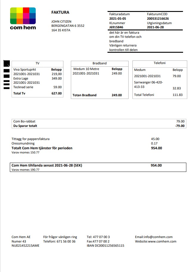 Sweden Com Hem utility bill template in Word and PDF format